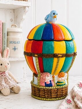 🎈Vintage Whimsical Hot Air Balloon Cookie Jar Bonbonnière Bird Folk Art Decor